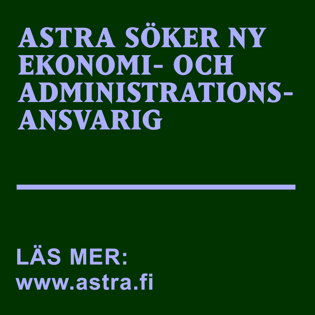 Ljuslila text på mörkgrönt botten: Astra söker ny ekonomi- och administrationsansvarig