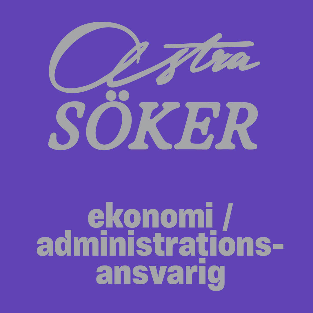 Lila bakgrund med grå text där det står Astra söker ekonomi- och administrationsansvarig